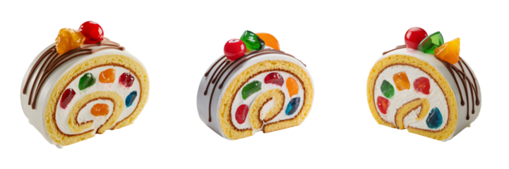 Three slices of colorful jelly roll cake with gummy candies isolated on transparent background