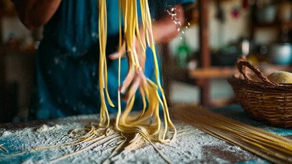 Freshly made spaghetti noodles being prepared by hand