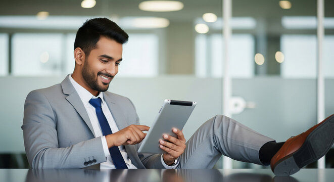 A relaxed young Indian businessman in a grey suit leans back with his feet up on the desk while using a digital tablet in a modern office.