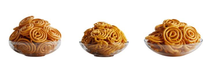 Three golden brown spiral shaped fried snacks in clear bowls isolated on transparent background