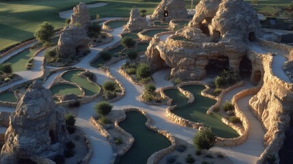 Aerial View of Miniature Golf Course with Unique Rock Features