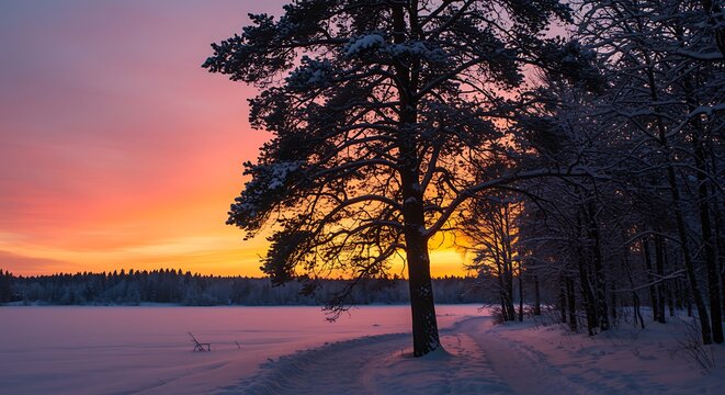 Winter sunset over a snow covered landscape with silhouetted pine trees