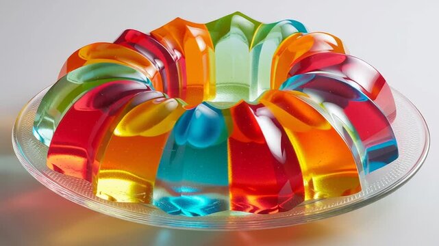 Vibrant rainbow layered gelatin dessert on a clear glass plate