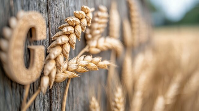 Close-up of wheat spikes with the letter 'G' carved into wood, set against a blurred background of a wheat field, bathed in natural light.