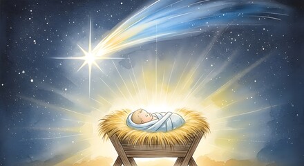 Christmas nativity, baby Jesus in manger under light of star. Birth of Jesus Christ. Praying, religious holiday. Watercolor illustration