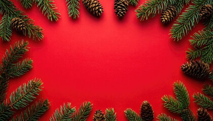 Festive Christmas and New Year border with pine branches and cones on red background.