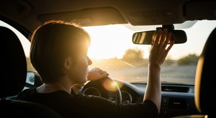 Person adjusting rearview mirror while driving in bright sunlight.