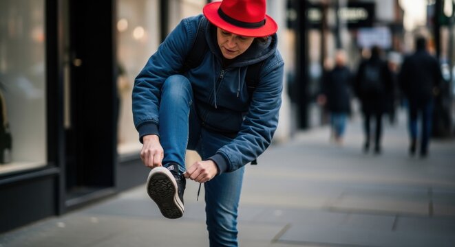 Person in red hat tying shoelace on city street.