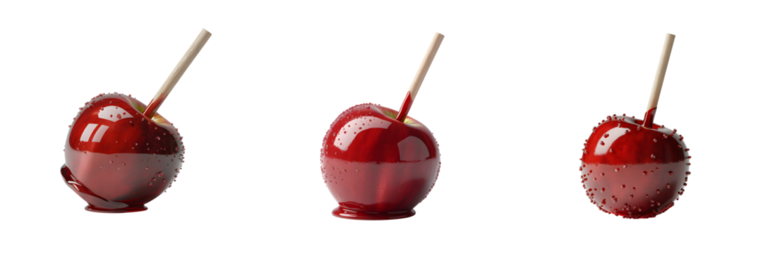 Three red and pink candy apples on sticks isolated on transparent background