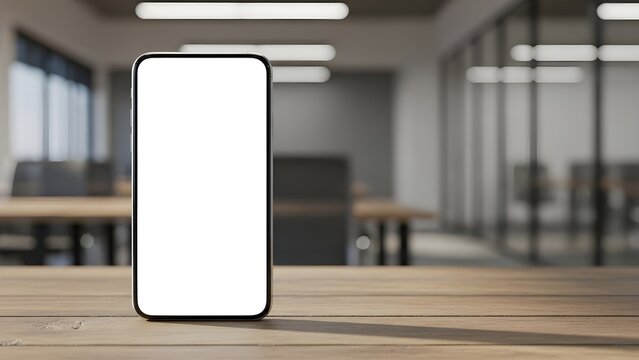 Smartphone with a blank white screen placed on a wooden desk in a modern office environment.
