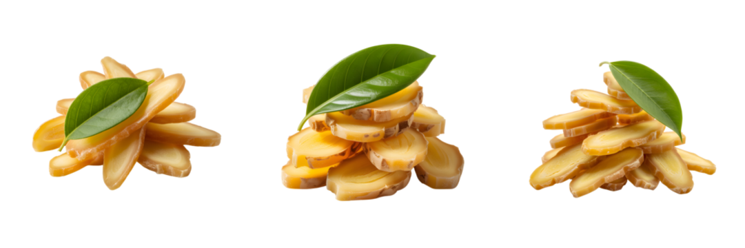 Three golden fried potato fritters topped with fresh green leaves isolated on transparent background