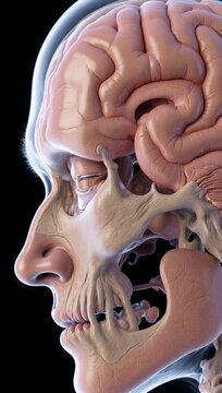 Ok 3D rendering of the human brains medulla oblongata in profile view with body contours