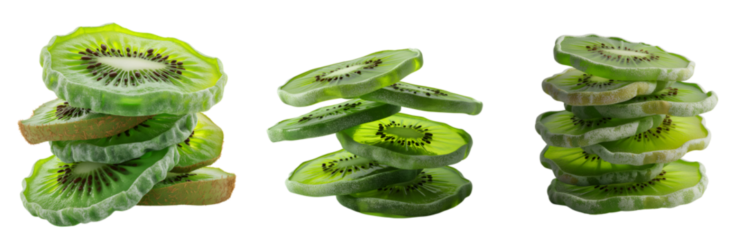 Three stacks of sliced kiwi fruit arranged artfully isolated on transparent background - Powered by Adobe