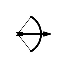 Bow and arrow crossed and drawn. Simple black silhouette vector icon of a drawn bow with an arrow aimed and ready to launch. Minimalist isolated illustration on white background.