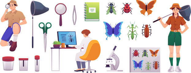 Entomology concept, microscope, magnifying glass and laboratory equipment for observing insects, bugs vector flat set