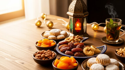 Ramadan Iftar table setting with dates, dried apricots, nuts, and Arabic sweets under a decorative lantern.