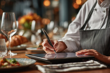 A restaurant manager takes notes on a digital tablet behind the bar