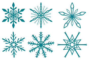 Six different snowflakes clipart hand drawing isolated on clear png background for christmas and new year cards
