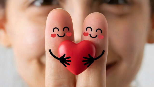 Cute finger friends holding a heart spreading love and joy with cheerful smiles and happy feelings