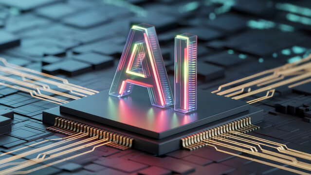  AI glowing letters on CPU circuit board for next generation technology concepts