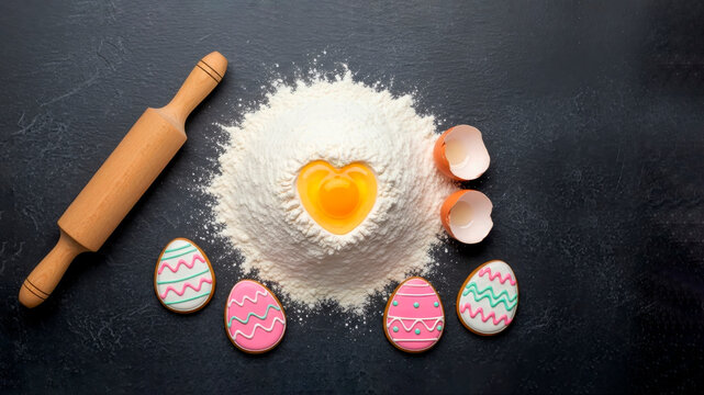 Easter decorations: gingerbread in the form of Easter eggs, fresh flour with a broken raw egg in the shape of a heart. We are preparing for Easter, cooking cakes