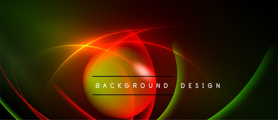 Abstract neon lights create dynamic curves, vibrant colors. Red dominates center, green edges. Modern design element.