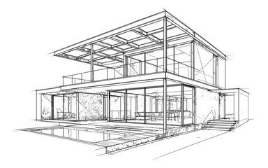 Modern architectural sketch of minimalist house with open spaces and pool