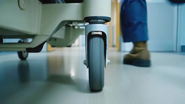 Hospital emergency gurney wheel rushing in corridor. Medical staff pushing stretcher with urgency. 
