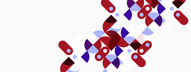 Abstract geometric shapes overlap, creating dynamic visual texture. Red, purple, blue tones dominate white background. Modern design element.