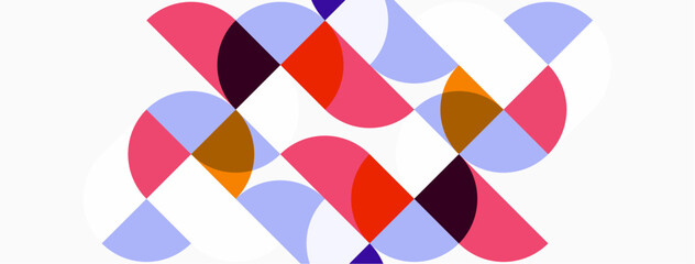 Obraz premium Abstract geometric shapes overlap, creating colorful pattern. Circles, semicircles dominate composition, using pinks, purples, oranges. Minimalist design.