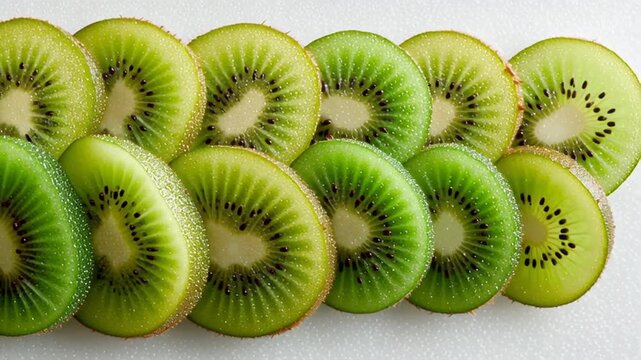Freshly sliced ripe kiwifruit displayed in rows