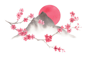 Obraz premium Landscape with the mountains, sun and sakura. Watercolor handmade illustration. For fabric, wallpaper, greeting cards, design, decoration and illustration.