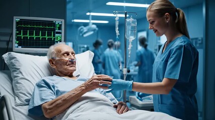 Nurse cares for senior patient. Man lies in hospital bed next to monitor. Nurse and doctor discuss treatment while patient listens. Medical staff provide compassionate care and health. Family hopeful. - Powered by Adobe