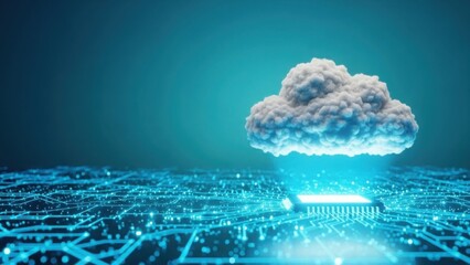 Cloud computing concept, data transfer, glowing processor chip on digital circuit