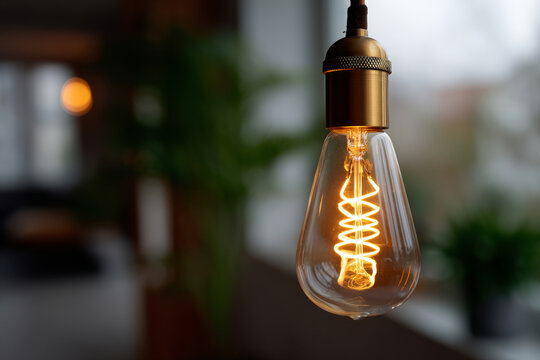 A vintage-inspired light bulb with a spiral filament glows warmly against a softly blurred background, blending nostalgia with modern ambiance.
