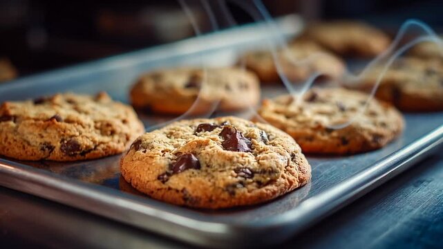 Freshly baked chocolate chip cookies steaming on a baking sheet