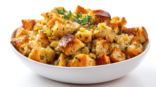Bowl of traditional Thanksgiving bread stuffing isolated