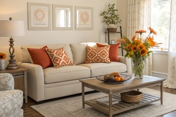 Fototapeta premium Inviting living room with warm tones and natural light evokes feelings of home and comfort, perfect for real estate and interior design projects