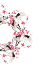 Obraz premium Frame of japanese cranes and sakura branches. Watercolor handmade illustration. For fabric, wallpaper, greeting cards, design, decoration and illustration.