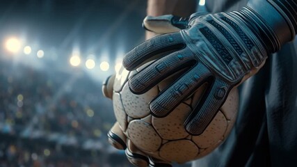 Close up of a soccer goalkeeper s hands holding a ball in a stadium - Powered by Adobe