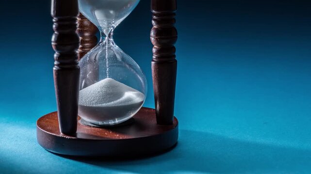 Wooden hourglass with white sand in the concept of fast current time. Blue background. 