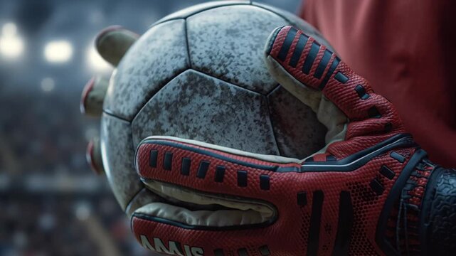 Goalkeeper catches soccer ball in stadium with blurred crowd and lights