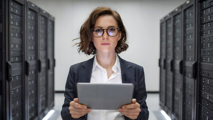Confident IT professional managing server data with a tablet in a modern data center environment today
