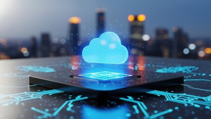 Cloud computing concept with glowing circuit board over smart city data network.
