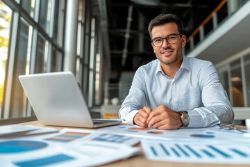 Focused mid-aged Latin American entrepreneur analyzing printed sales report charts in modern office