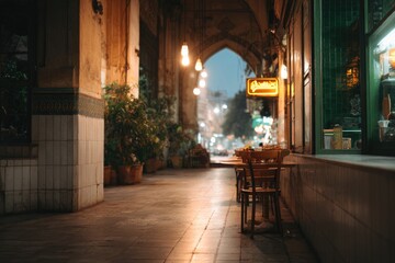 Fototapeta premium Warm glow from lamps illuminates cozy street corner, inviting re