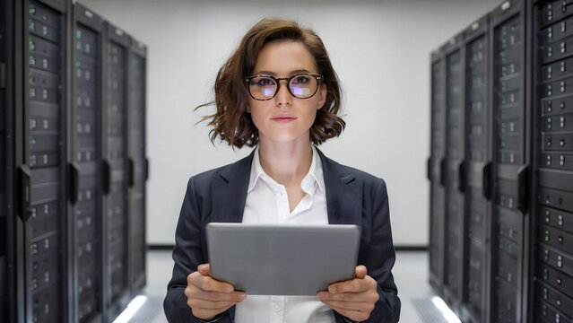 Confident IT professional managing server data with a tablet in a modern data center environment today