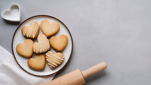 Sweet heart shaped cookies on plate with rolling pin Valentine's Day baking projects
