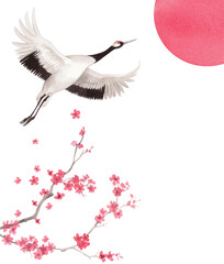 Obraz premium Sakura and japanese crane flying to the sun. Watercolor handmade illustration. For fabric, wallpaper, greeting cards, design, decoration and illustration.