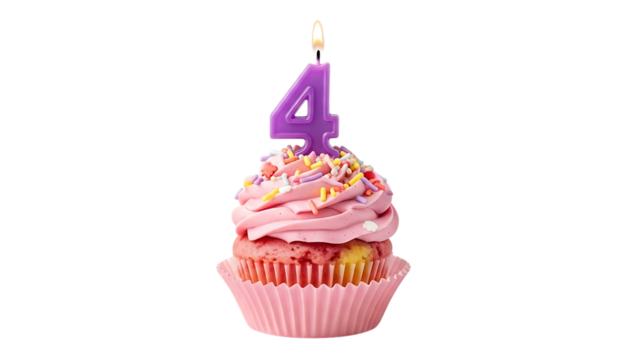 Purple number four candle on a pink frosted cupcake isolated on transparent background - Powered by Adobe